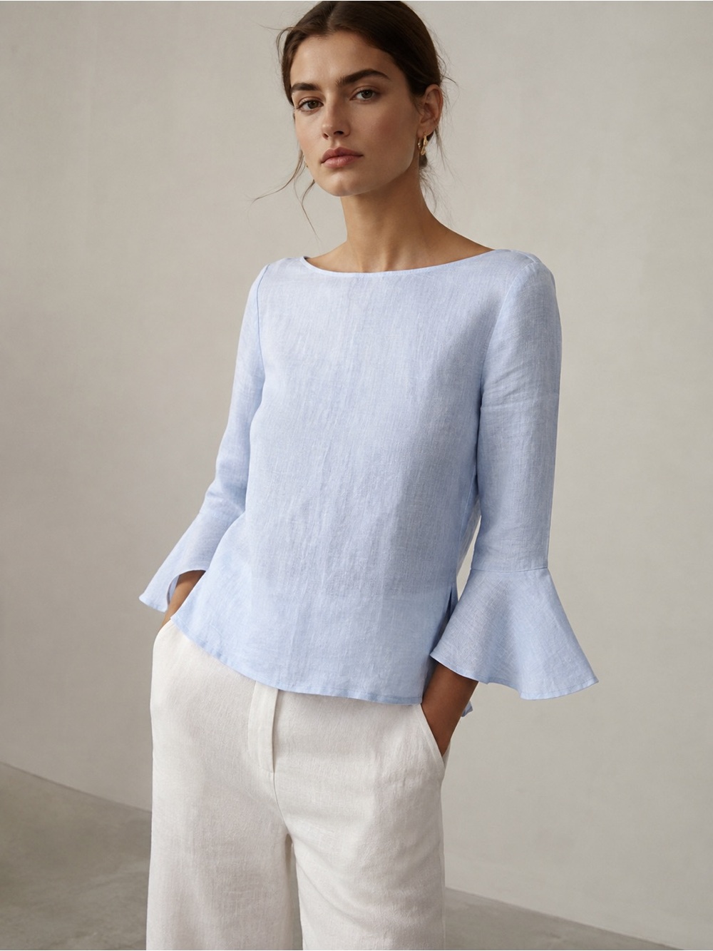 Massimo Dutti Pale Blue Bell-Sleeve Linen Blouse